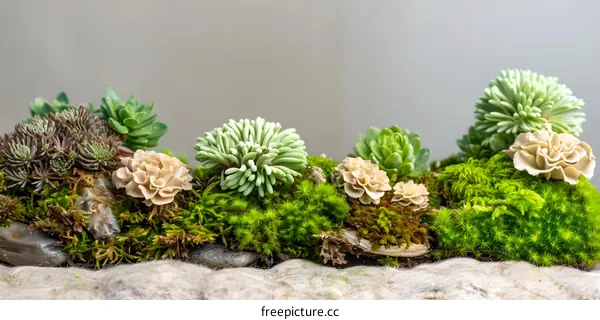 Closeup of Succulents and Moss in a Terrarium