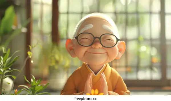 Smiling Buddhist Monk with Hands Together