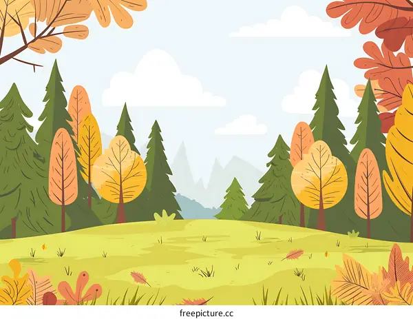 Autumn Forest Landscape Illustration with Trees and Mountains