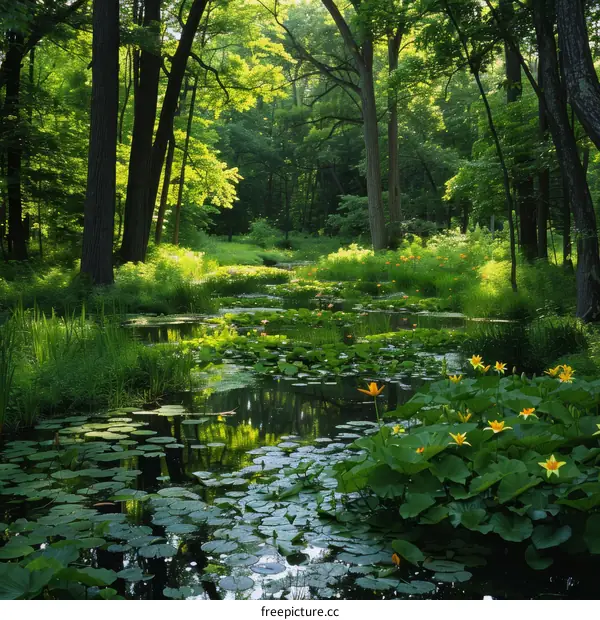 The sun shines through the forest and illuminates the water plants in the pond