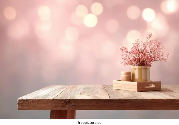 Wooden Tabletop with Pink Flowers and Decorative Containers