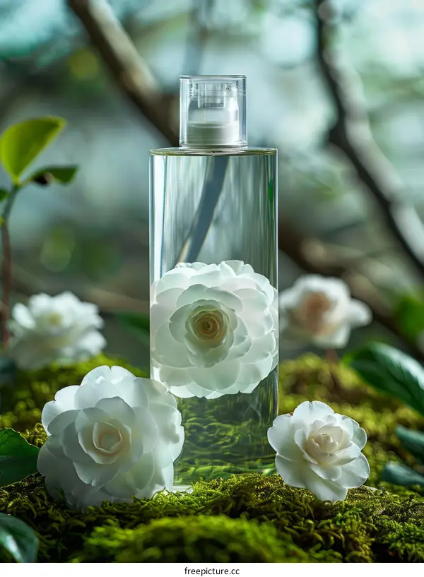 Close-up of cosmetic product bottle with fresh white flowers