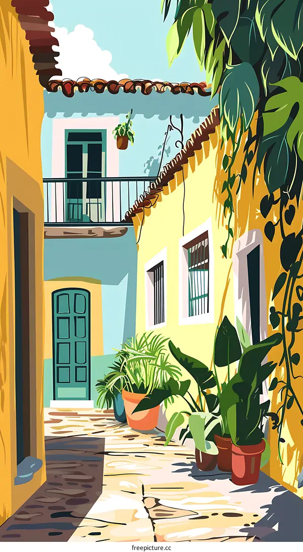 Colorful Illustration of a Narrow Alleyway with Plants