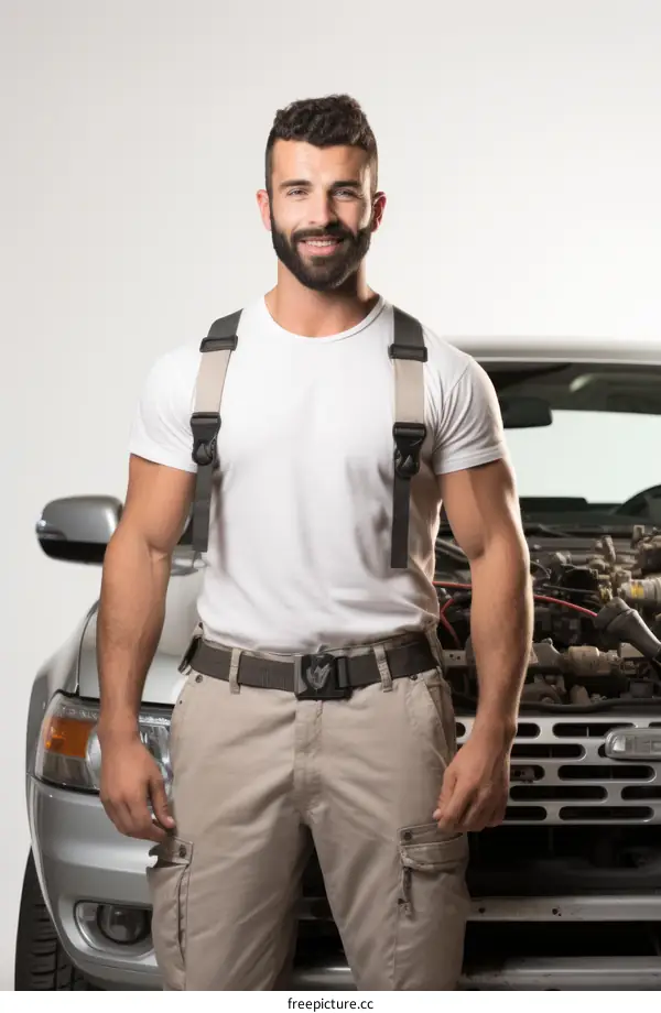 Young middle eastern man auto mechanic in front of a car