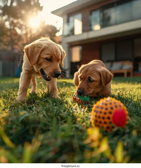 Two Golden Retrievers Playing with a Ball