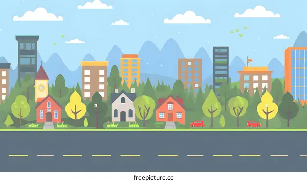 Cityscape Illustration with Green Trees and Blue Sky