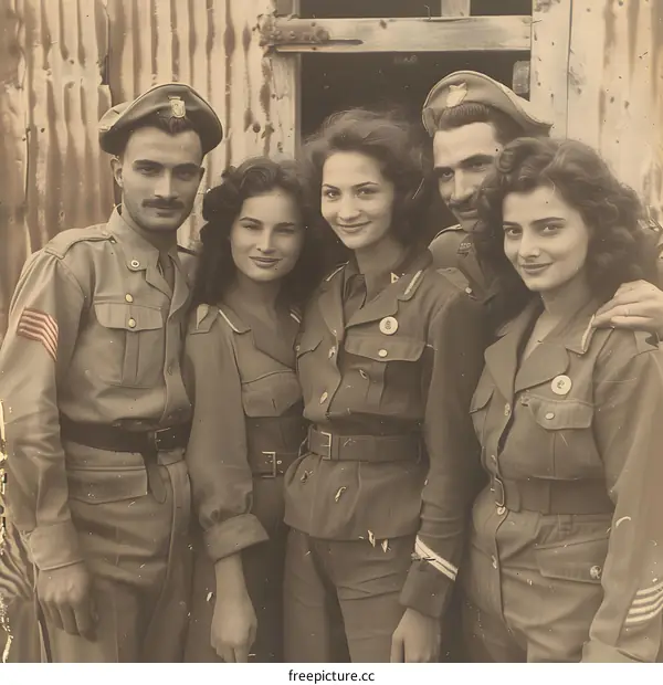 Group Portrait of Five People in Military Uniforms, Middle East