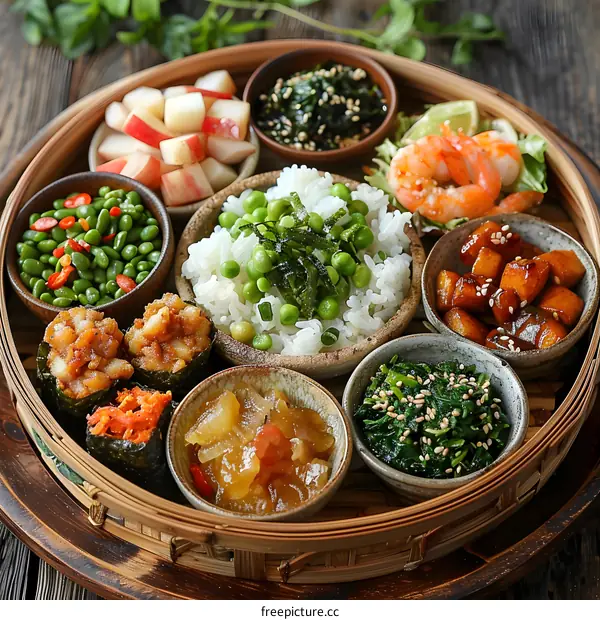 Assortment of Asian Cuisine Served in a Bamboo Basket