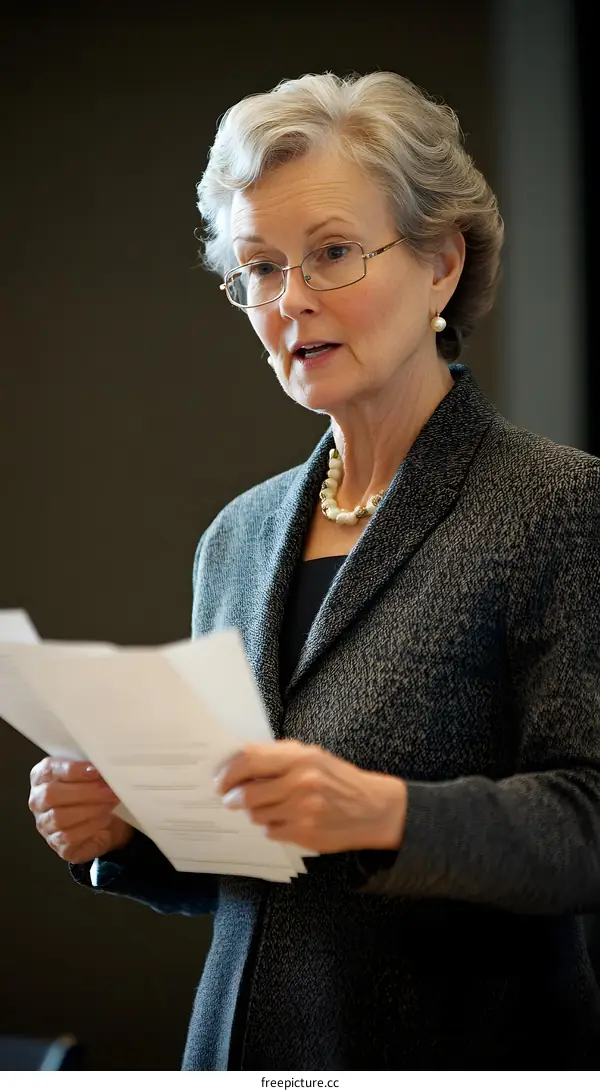 Woman in Grey Suit Reading Paper