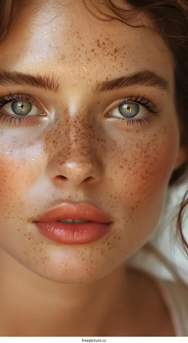 Close-up portrait of a young woman with freckles