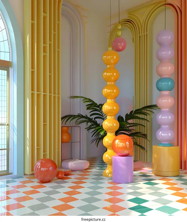 Interior Design with Colorful Geometric Shapes and Checkered Floor