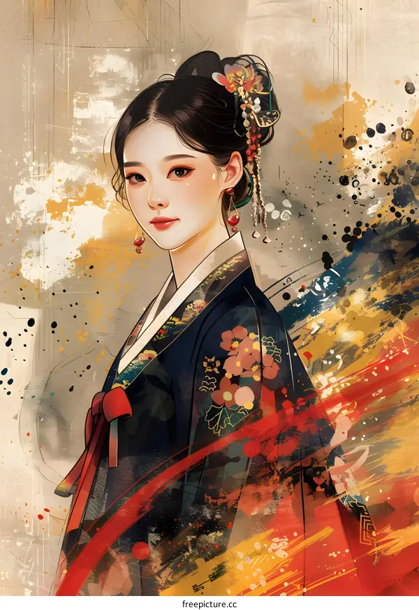 A beautiful illustration of a Korean woman in traditional dress