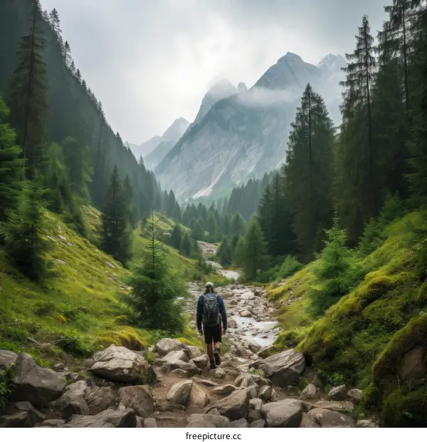 Man hiking alone on rocky path in beautiful mountain valley with river and forest