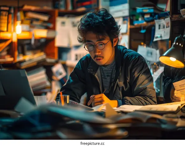 Asian man studying in a messy room