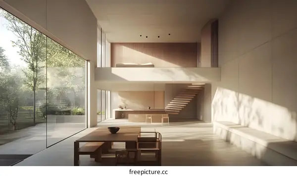 Modern Minimalist House Interior Design with Large Windows and Wooden Staircase