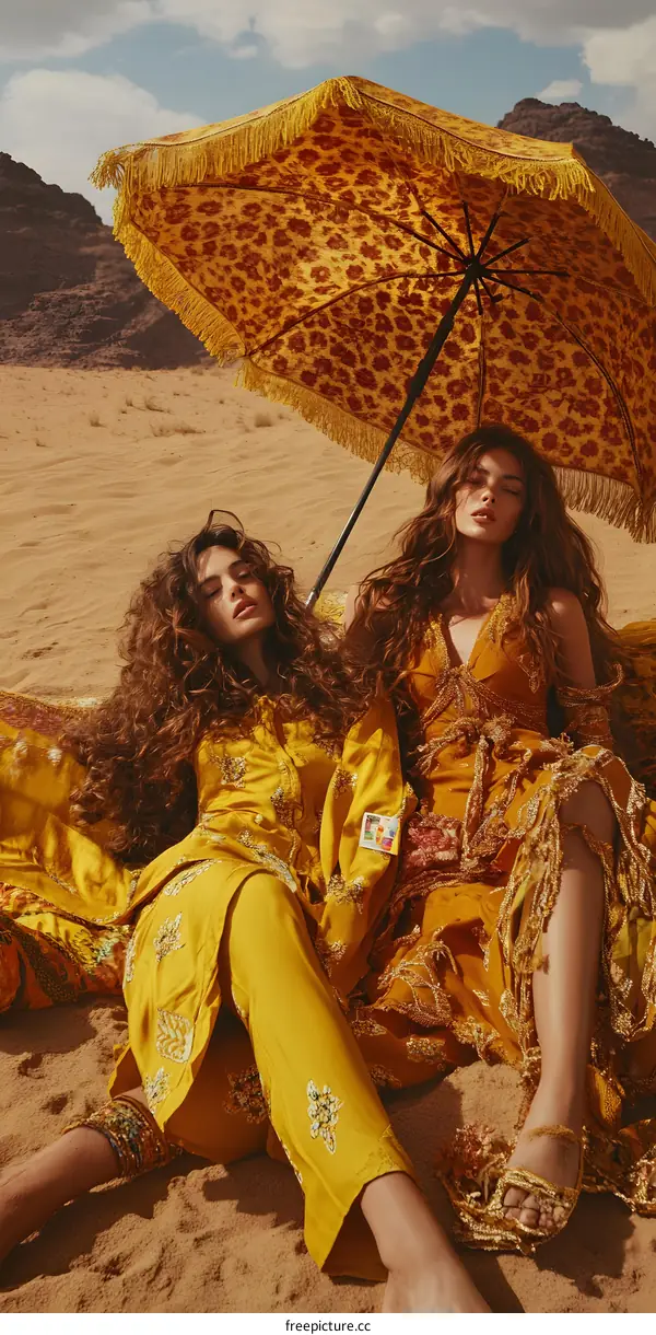 Two Women in Yellow Outfits Relaxing Under an Umbrella in a Desert