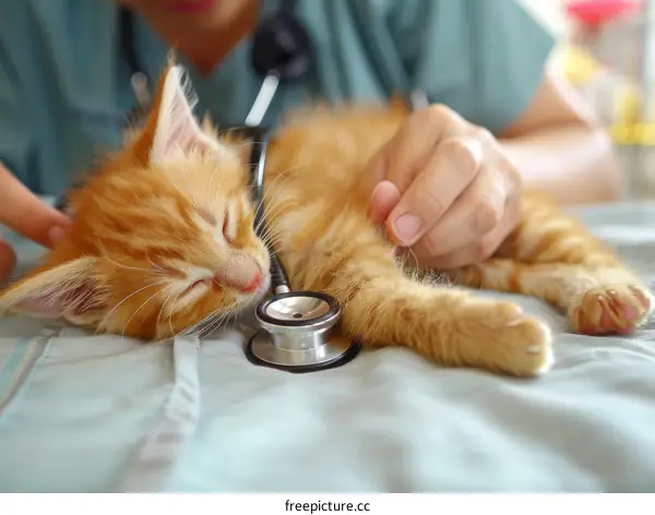 A veterinarian is checking a ginger kitten's heartbeat with a stethoscope