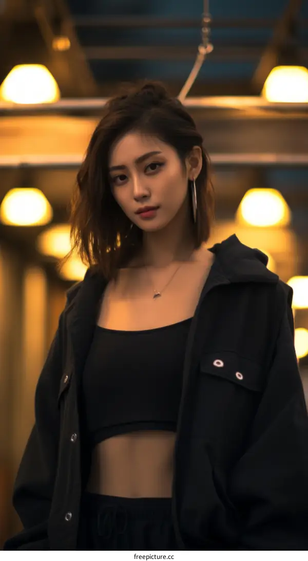 Portrait of a young Asian woman in a black jacket and crop top standing in a dimly lit hallway