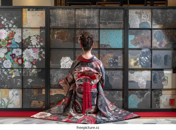 A woman wearing a kimono is跪坐在畳の上で in front of a wall