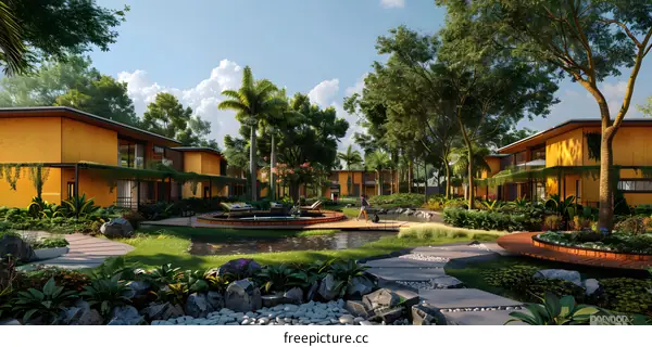Courtyard of a tropical resort with a swimming pool