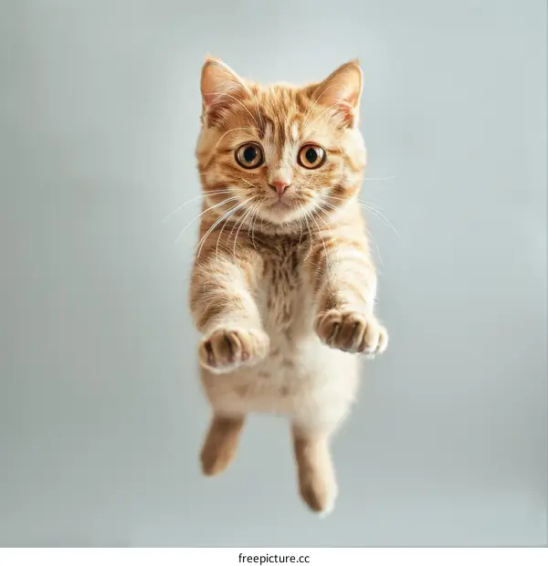 Cute ginger kitten jumping up with outstretched paws