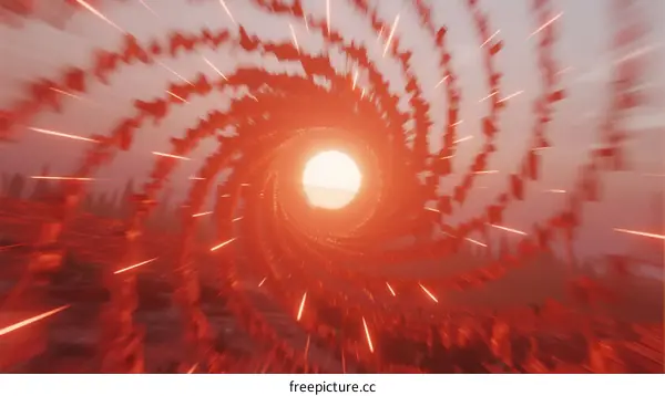 A Violent Red Swirling Vortex with Bright Central Orb and Radiating Lines