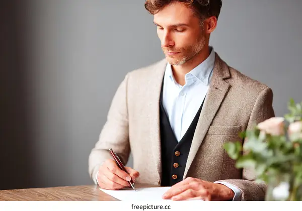 Man Writing in Formal Attire