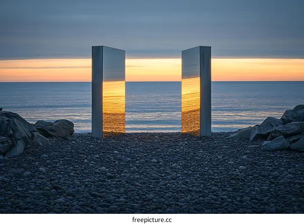 Reflective Structures on a Pebble Beach at Sunset