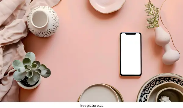 Pink Background With White Ceramic Vases And Smartphone