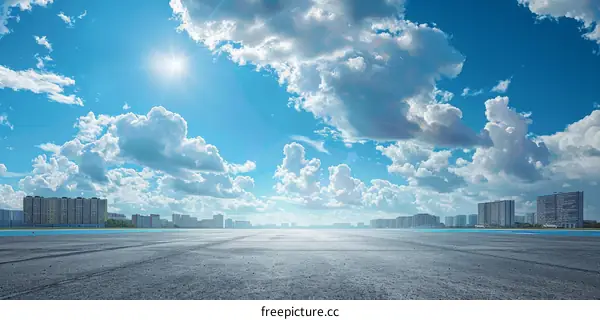 Empty Parking Lot in City under Blue Sky and Clouds