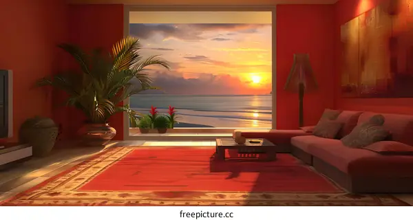 red room and red carpet with sunset view