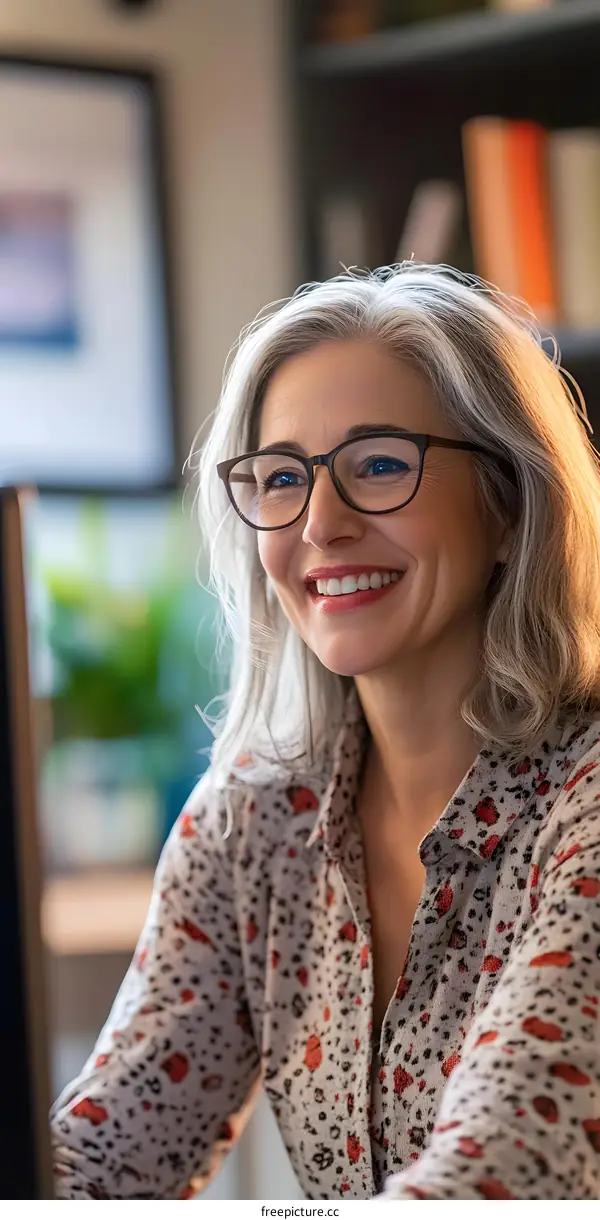 Smiling Woman Looking At Computer Screen
