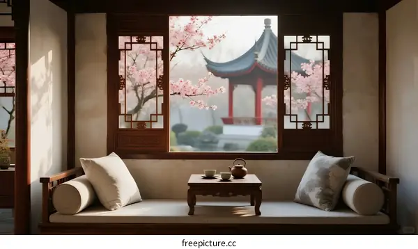 Traditional Chinese Pavilion Seen Through Window with Cherry Blossoms