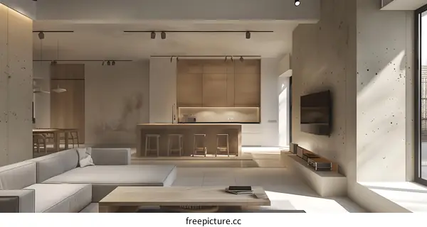 Modern Minimalist Living Room With Wooden Floor And Concrete Walls