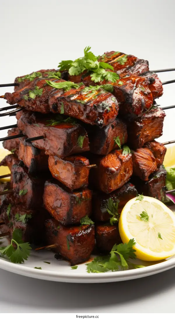 A stack of grilled meat skewers on a white plate