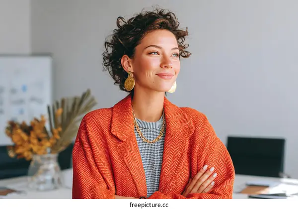 Confident woman in stylish orange blazer
