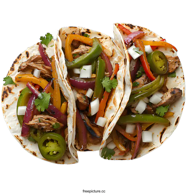 [Transparent Background PNG]Three pork tacos with bell peppers and onions