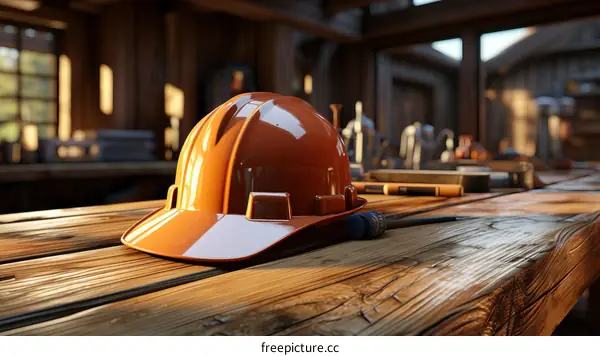 Hard Hat and Wrench on a Wooden Table
