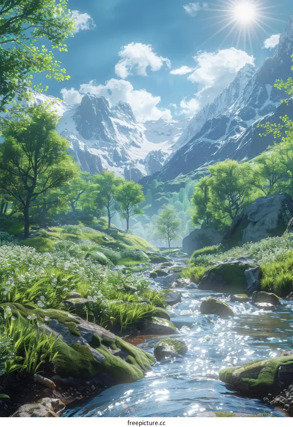  Majestic Mountain Peaks with Clear River in Lush Valley Landscape