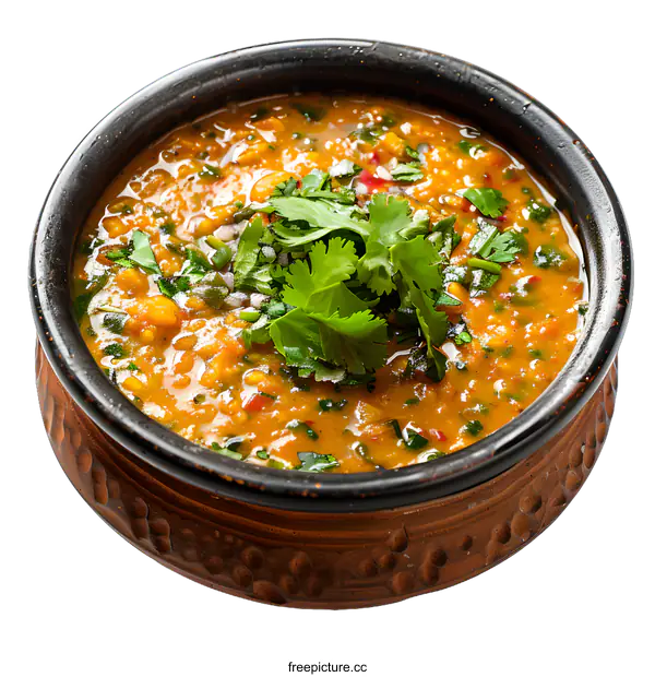 [Transparent Background PNG]Lentil soup with cilantro and spices in a clay bowl