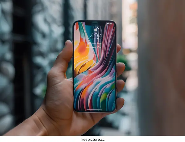 Hand Holding Smartphone with Colorful Abstract Wallpaper