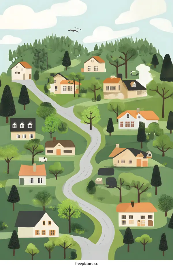 Illustrated Village Houses on Winding Road