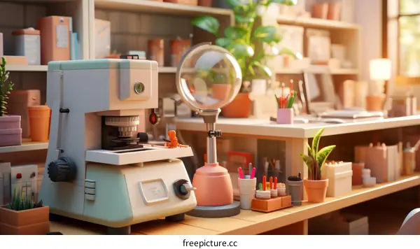 A scientist's desk with a microscope, plants, and other equipment