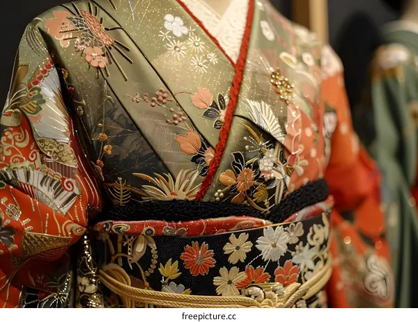 A close-up of a kimono with intricate embroidery and gold accents