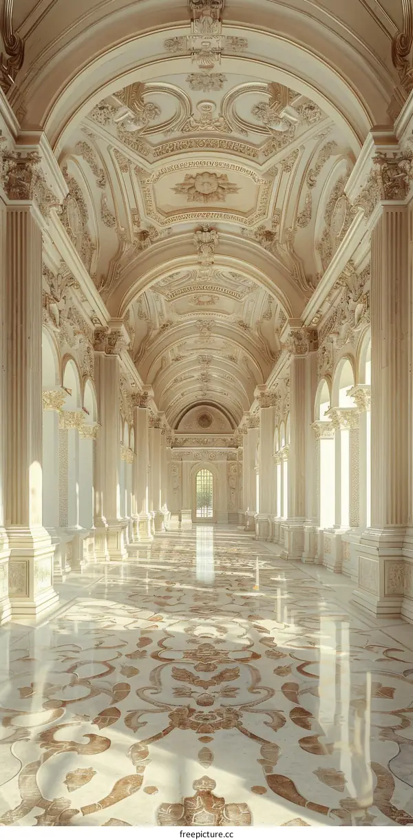 Ornate Hallway with Marble Floor and Arched Ceiling Architecture