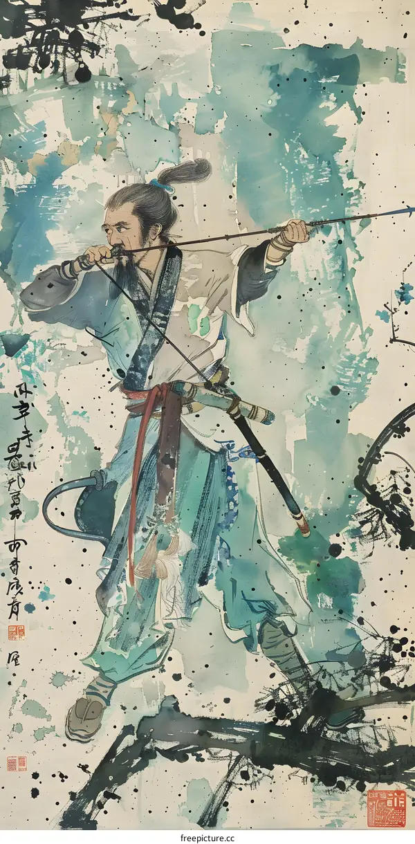 Watercolor Painting of a Man in Traditional Chinese Clothing Shooting an Arrow