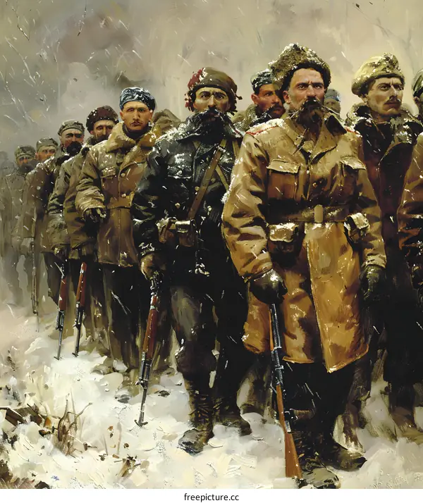 A group of soldiers wearing winter coats and fur hats march through the snow.