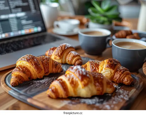 A delicious breakfast of croissants and coffee