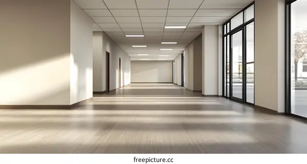 Modern Empty Office Hallway With Large Windows