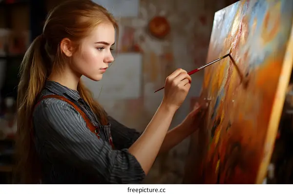 Young Woman Artist Painting on Canvas in Studio